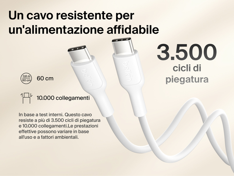 Belkin BoostCharge Slim Magnetic Power Bank 10K with included USB-C to USB-C cable highlighting durable design tested for 3,500 bends and 10,000 plug-ins