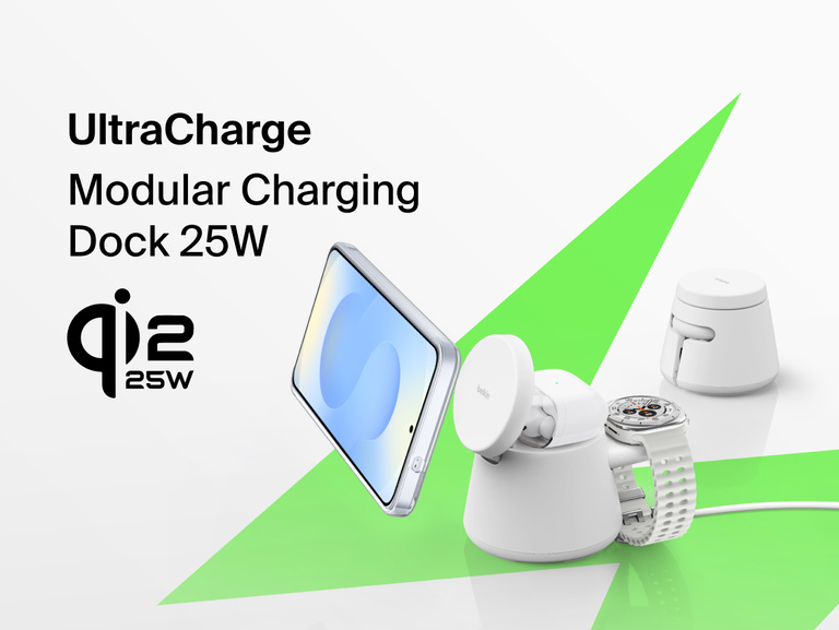 Belkin UltraCharge Modular Charging Dock with Qi2 25W delivering fast wireless charging for compatible smartphones, smartwatches, and earbuds in a modular all-in-one dock setup.