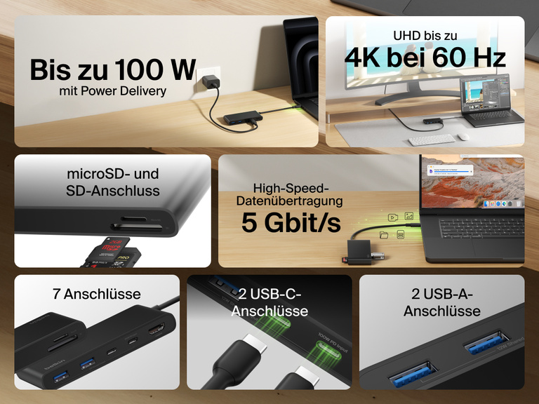 Belkin Connect 7-Port USB-C Hub with Dual USB-C Ports featuring 100W power delivery, 4K HDMI, SD and microSD slots, 5Gbps transfer speed, and multiple USB-C and USB-A ports.