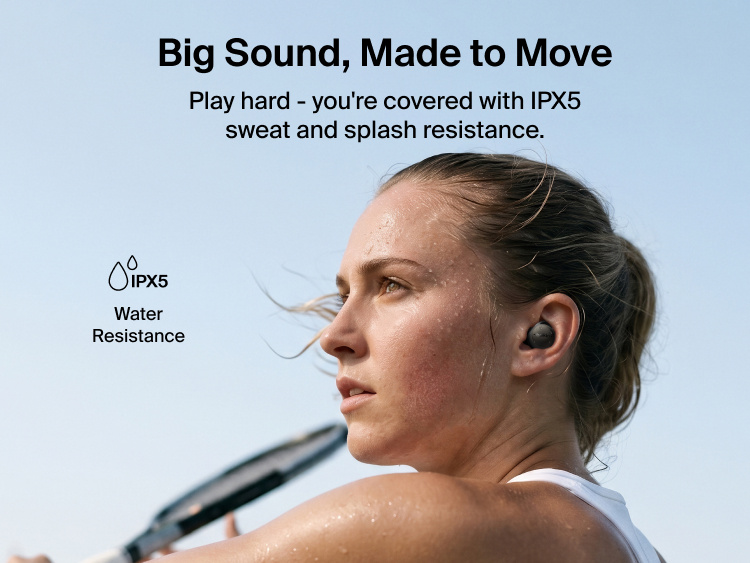 SoundForm Isolate Buds ANC worn during a tennis match, highlighting IPX5 sweat and splash resistance