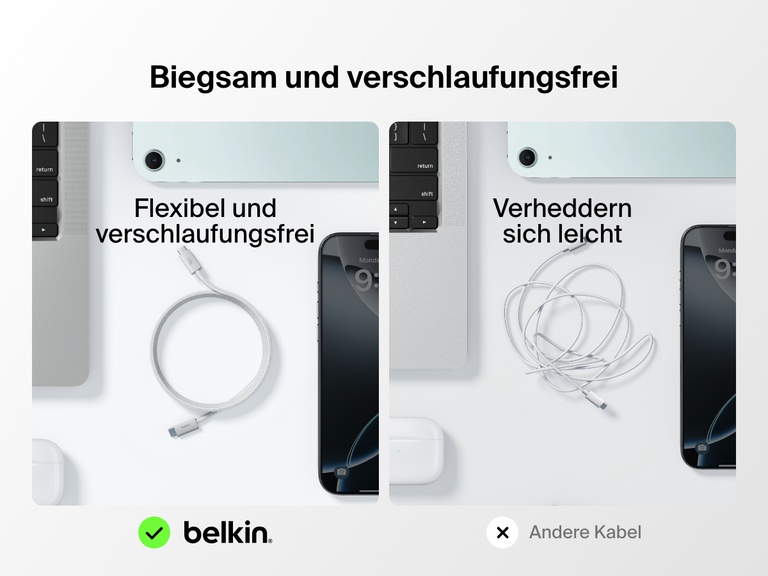 Ein Belkin BoostCharge USB-C-Kabel mit Lightning Connector wird zum Vergleich neben einem Standardkabel gezeigt. Es verheddert sich nicht so leicht und ist flexibel.