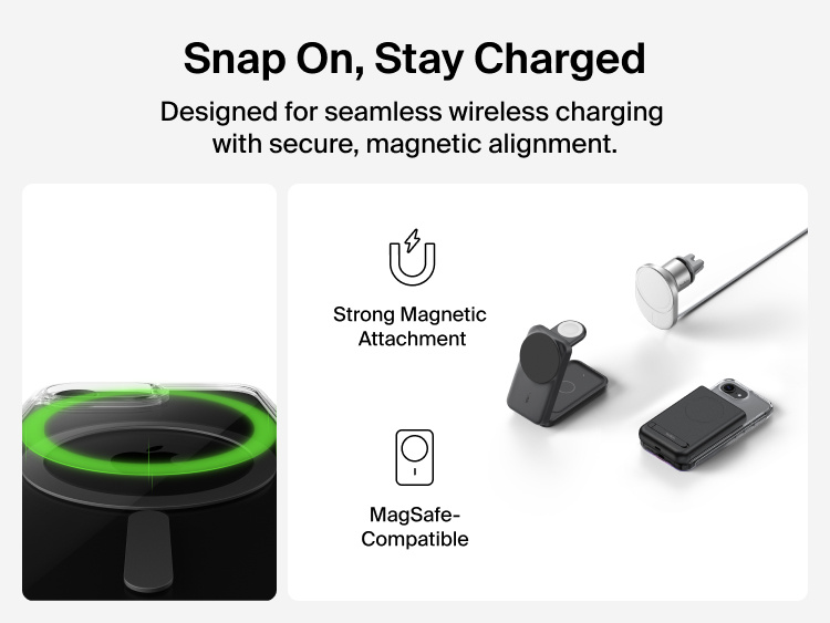Clear magnetic phone case shown with glowing alignment ring to illustrate secure wireless charging compatibility, alongside examples of compatible accessories including a MagSafe charger, car mount charger, and magnetic power bank.