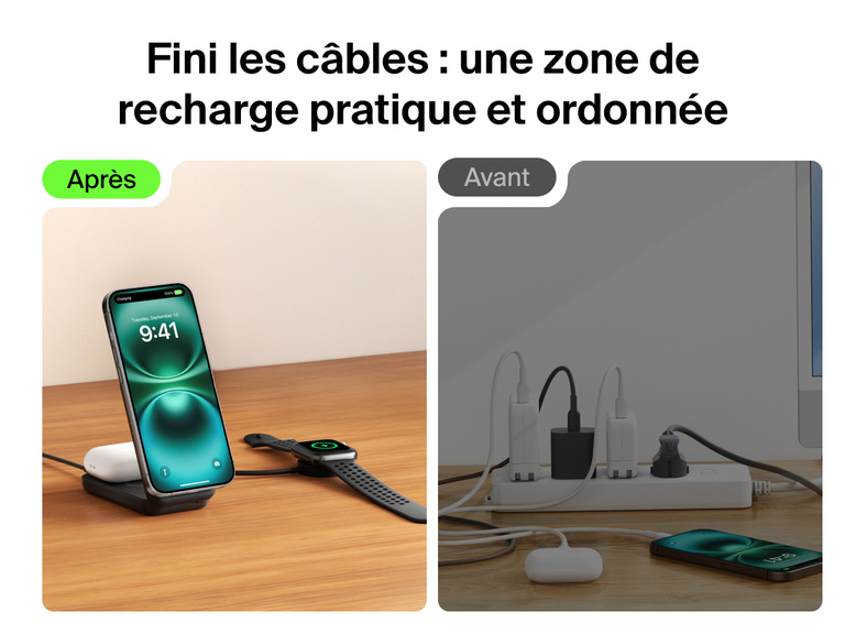 Socle de recharge 2-en-1 aimanté et pliable Belkin UltraCharge avec Qi2 25 W offrant une alternative aux cordons emmêlés et une recharge sans fil unique pour iPhone, AirPods et Apple Watch.