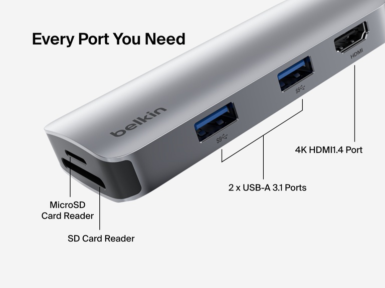A close-up image of the Belkin Connect USB-C 5-in-1 Multiport Hub labels each port, including a MicroSD card reader, SD card reader, two USB-A 3.1 ports, and a 4K HDMI 2.0 port, emphasizing its versatile connectivity options.
