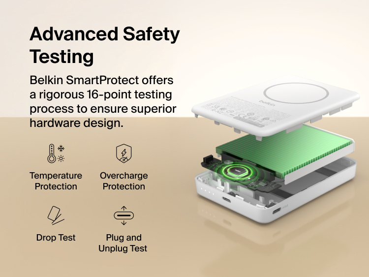 Belkin BoostCharge Slim 磁吸式行動電源 10K 內部組件檢視，重點介紹 SmartProtect 16 項安全測試，包括溫度、過充、下降以及插拔保護