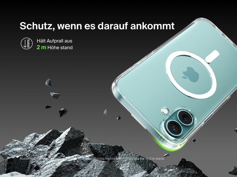 A SheerForce™ Magnetic iPhone Case falling onto a rocky surface, emphasizing its 2-meter drop protection. The text highlights the case's durability and ability to withstand drops from up to 2 meters, based on internal drop tests on concrete. The image conveys a rugged, protective design, ensuring enhanced impact resistance for your iPhone.