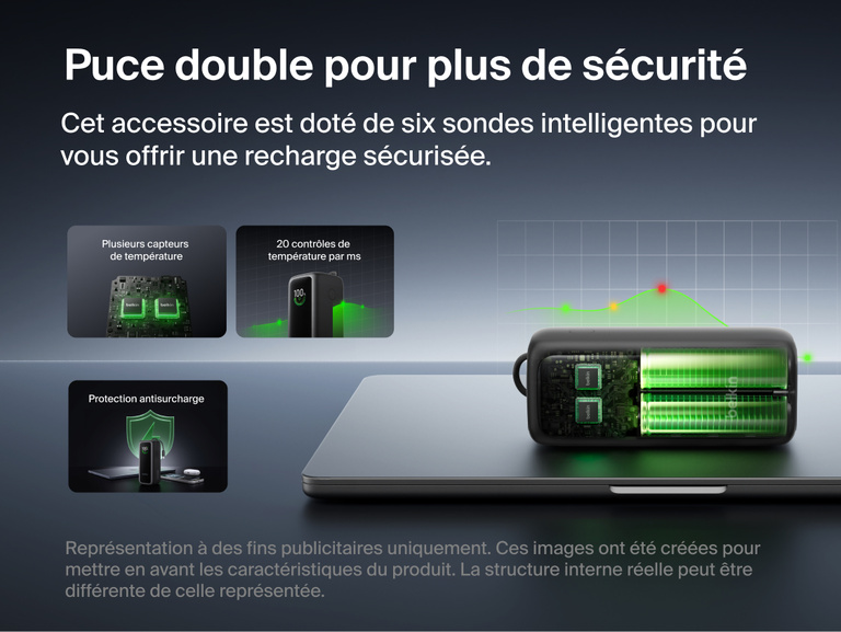 Image d'une batterie externe 22K UltraCharge avec c&acirc;ble r&eacute;tractable d&eacute;mont&eacute;e sur un ordinateur portable pour r&eacute;v&eacute;ler sa structure interne &agrave; double puce, mettant en avant les capteurs de temp&eacute;rature, le contr&ocirc;le continu de la temp&eacute;rature et la protection contre les surcharges.