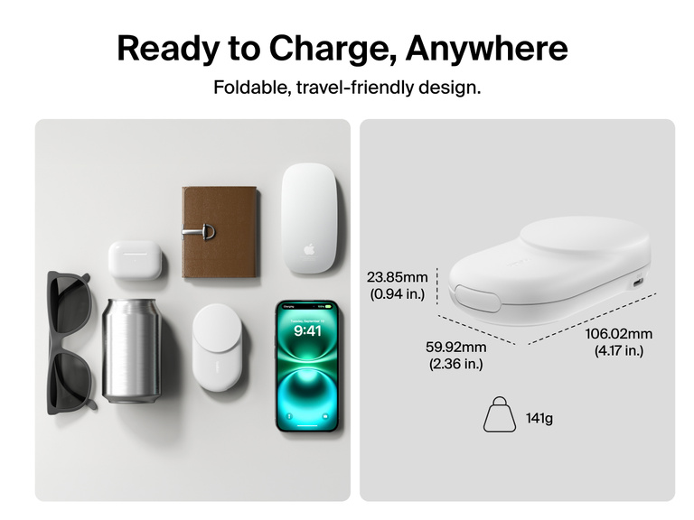 Belkin UltraCharge 2-in-1 Foldable Magnetic Charger with Qi2 25W shown in compact, travel-friendly design weighing 162g with dimensions ideal for on-the-go charging.