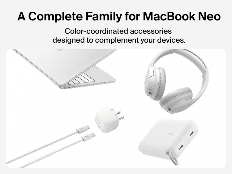 Belkin charging accessories for MacBook Neo include a compact USB-C charger, braided USB-C cable, headphones, and power bank designed to complement compatible devices.