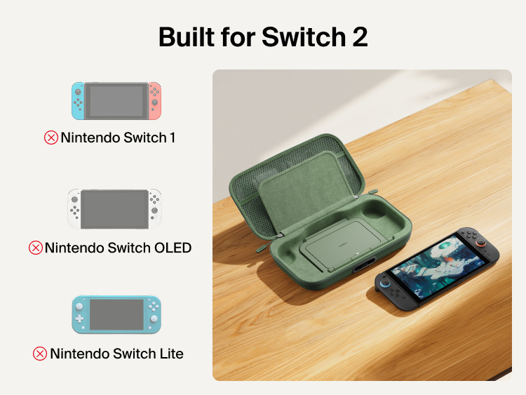 Belkin Gaming Charging Case Pro for Nintendo Switch 2 shown with custom-fit interior and compatibility notice indicating it is designed exclusively for Switch 2, not Switch, Switch OLED, or Switch Lite.