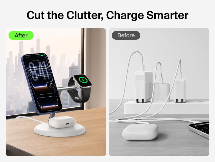 Belkin UltraCharge 3-in-1 Wireless Charging Stand with Qi2 25W reducing cable clutter by charging iPhone, Apple Watch, and AirPods in a clean organized setup compared to traditional wired charging