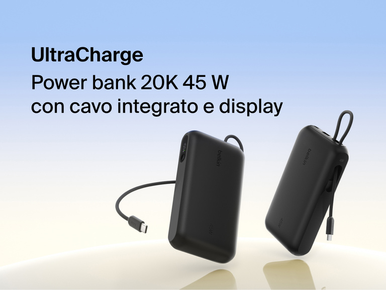 Belkin UltraCharge 20K 45W power bank with integrated USB-C cable and digital display showing portable high-capacity fast charging solution