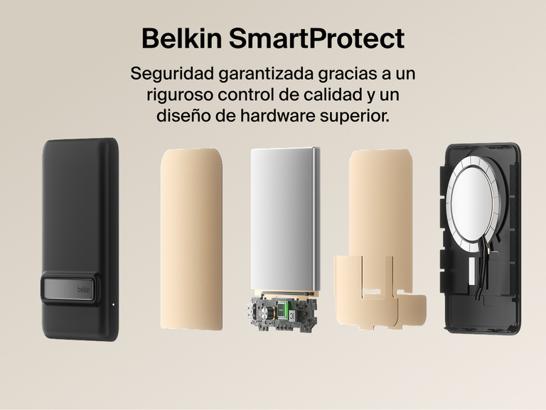 Belkin BoostCharge Slim Magnetic Power Bank 5K with Qi2 shown with Belkin SmartProtect internal components designed for safe, reliable charging performance.