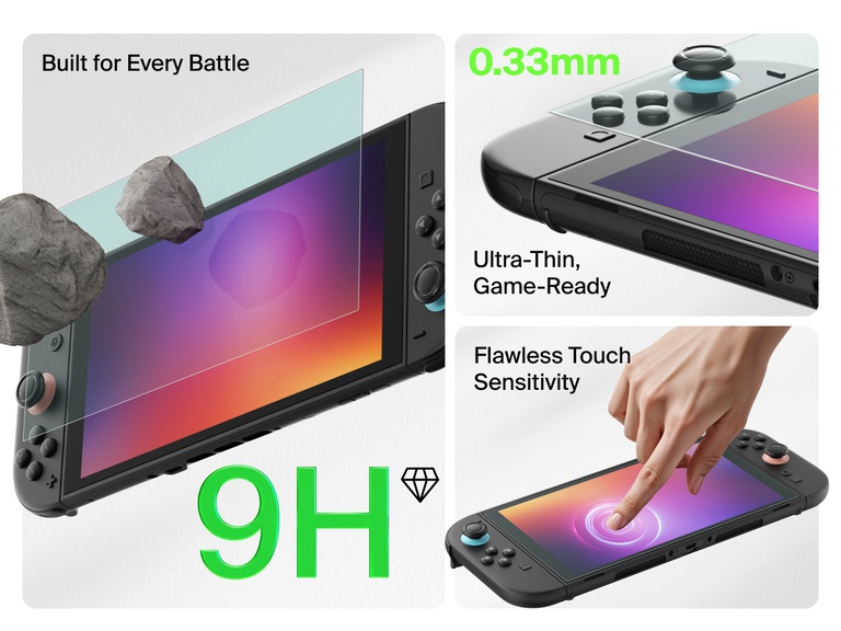 A product feature image for a Belkin screen protector on a Nintendo Switch 2. The layout highlights three main benefits: 9H hardness shown with rocks bouncing off the screen, a 0.33mm ultra-thin design for game readiness, and flawless touch sensitivity demonstrated by a finger interacting smoothly with the screen. The display has a vibrant gradient, emphasizing visual clarity and protection.
