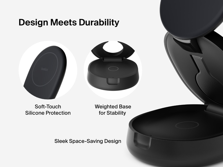 Belkin BoostCharge 3-in-1 Compact Magnetic Charging Stand shown with soft-touch silicone surface, weighted base for stability, and a sleek, space-saving foldable design.