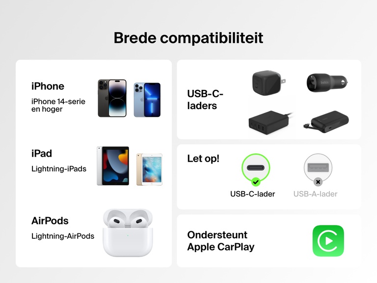De Belkin BoostCharge USB-C-kabel met Lightning-connector biedt brede compatibiliteit met iPhone 14 en eerdere modellen, Lightning iPad-apparaten en AirPods, en ondersteunt Apple CarPlay bij gebruik met USB-C-opladers.