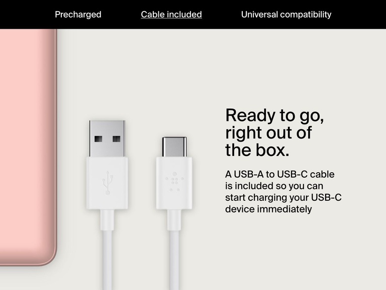 A USB-A to USB-C charging cable is shown next to a Belkin BoostCharge Power Bank 20K with text indicating it’s included for immediate charging out of the box.
