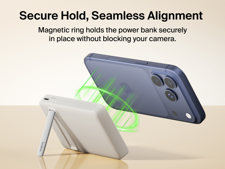 Slim Magnetic Power Bank 10K with Qi2 wirelessly charging smartphone on kickstand with power output indicators