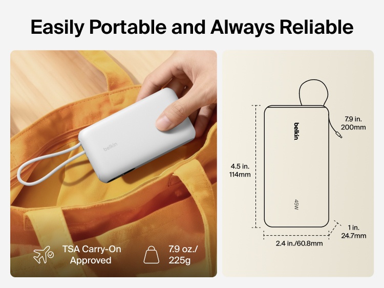 Belkin UltraCharge 10K power bank with integrated USB-C cable and digital display shown as a lightweight, TSA carry-on approved portable charger for everyday travel
