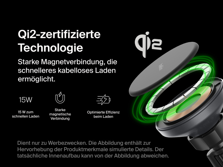 Exploded view of the Belkin BoostCharge Magnetic Wireless Charging Car Vent and Dash Mount highlighting its Qi2-certified 15W fast charging, strong magnetic connection, and optimized charging efficiency.
