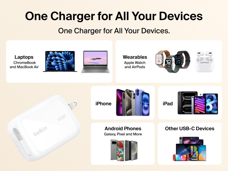 Belkin UltraCharge 45W retractable GaN wall charger with universal USB-C compatibility for iPhone, Android, iPad, laptops, wearables, and other devices