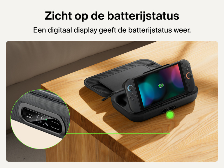Belkin Gaming Charging Case Pro for Nintendo Switch 2 shown with built-in digital battery display and charging dock for quick power status at a glance.