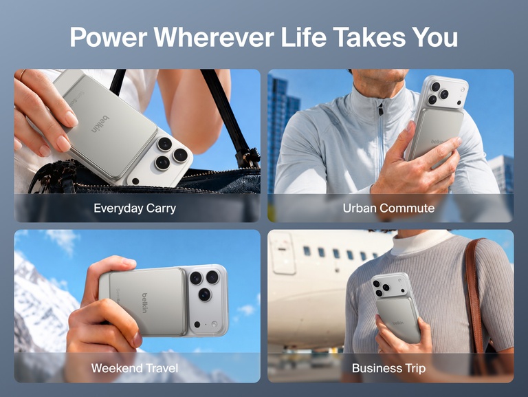 Belkin UltraCharge Pro Slim Magnetic Power Bank 5K with BoostSolid Cell shown for everyday carry, urban commuting, weekend travel and business trips.