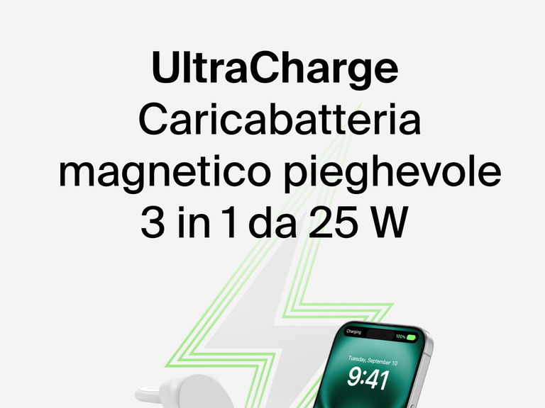 Immagine del caricabatteria magnetico pieghevole 3 in 1 con Qi2 da 25 W Belkin UltraCharge mentre ricarica un iPhone, con una grafica di un lampo verde sullo sfondo.
