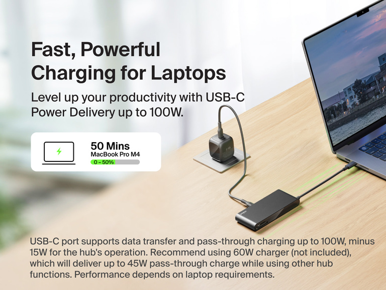 Belkin Connect 8-Port USB-C Hub with 2.5Gb Ethernet connected to a laptop and wall charger, demonstrating USB-C Power Delivery up to 100W for fast and efficient laptop charging.
