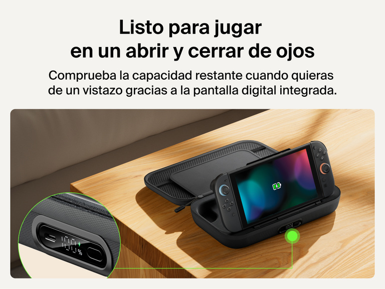 Belkin Gaming Charging Case Pro for Nintendo Switch 2 shown with built-in digital battery display and charging dock for quick power status at a glance.