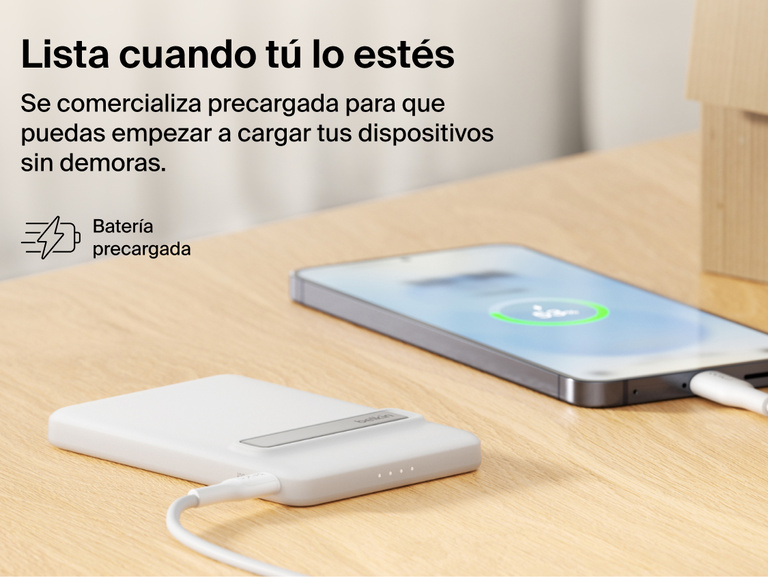 Belkin BoostCharge Slim Magnetic Power Bank 5K with Qi2 shown precharged and ready to deliver fast, portable wired or magnetic wireless charging straight out of the box.