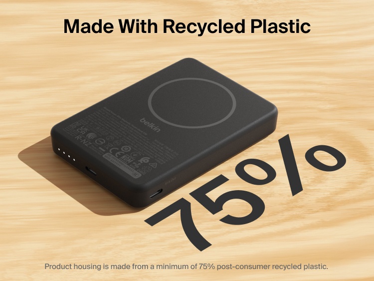 Belkin BoostCharge Slim Magnetic Power Bank 10K highlighting 75% post-consumer recycled plastic housing with slim magnetic design and USB-C ports