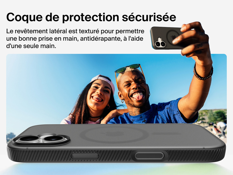 Belkin SheerForce Grip Series Case for iPhone 17 with military-grade drop protection and textured non-slip grip.