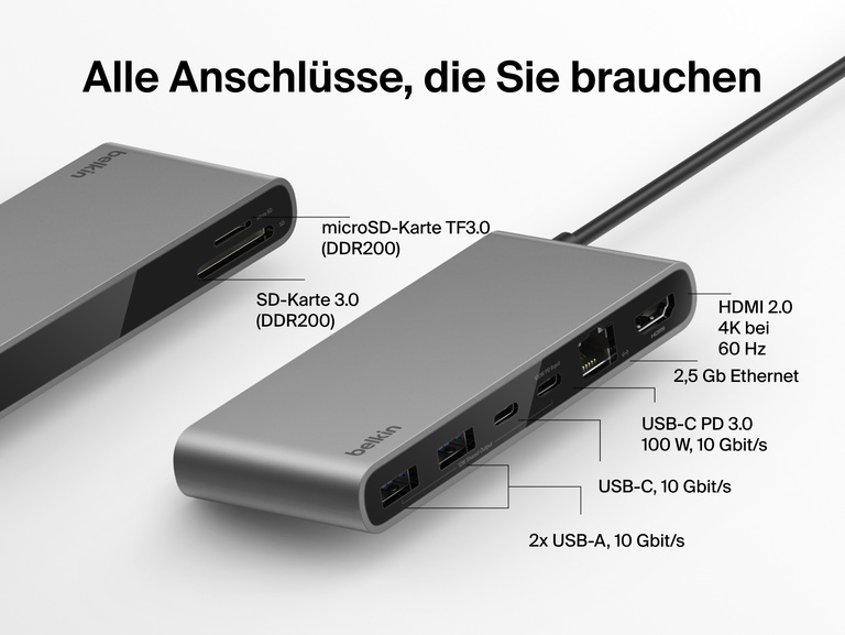 Der Belkin Connect 8-Port-USB-C-Hub mit 2,5-Gb-Ethernetanschluss wird mit allen vorhandenen Anschlüssen für Geräte gezeigt: HDMI 2.0 mit 4K bei 60 Hz, USB-C PD 3.0, 100 W 10 Gbit/s, 2x USB-A, 10 Gbit/s, SD und microSD-Kartensteckplätze und Ethernetanschluss.