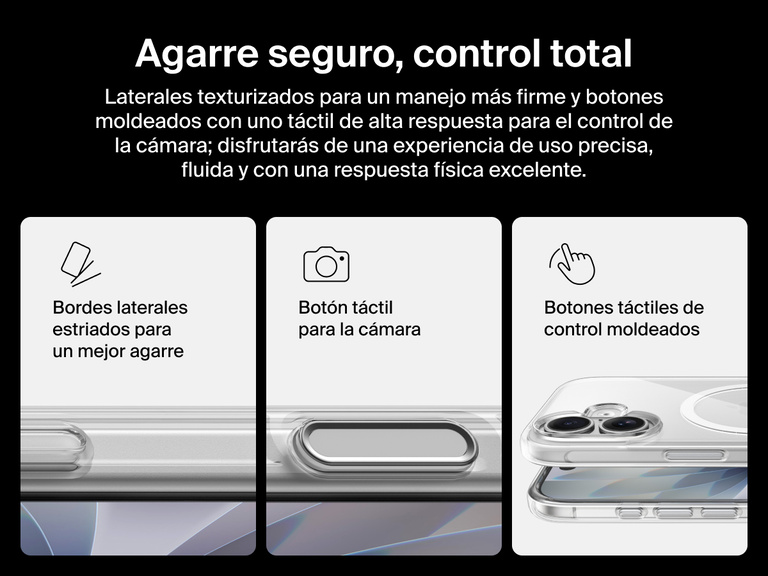 Belkin SheerForce Clear Series Case for iPhone 17 with grooved edges, tactile molded controls, and touch-sensitive camera button for secure grip and seamless control.