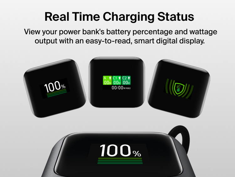 Close-up of the UltraCharge Power Bank 11K with Retractable Cable's smart digital display cycling through battery percentage, wattage output, and temperature status screens