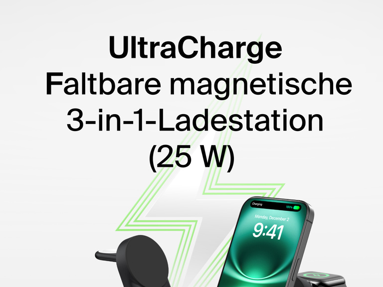 Belkin UltraCharge faltbare magnetische 3-in-1-Ladestation mit Qi2 25W wird beim Laden eines iPhones gezeigt. Im Hintergrund ist das Symbol eines grünen Blitzes zu sehen.