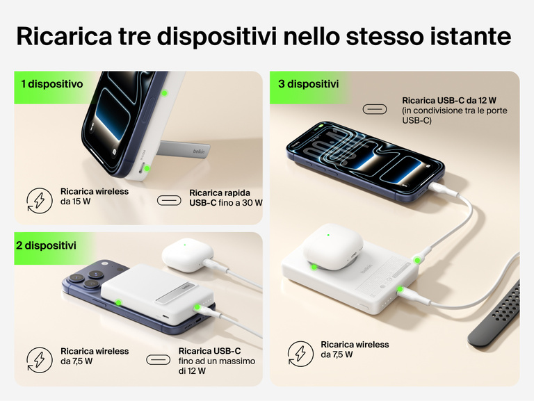 Slim Magnetic Power Bank 10K with Qi2 powering three devices including smartphone, earbuds, and smartwatch at once