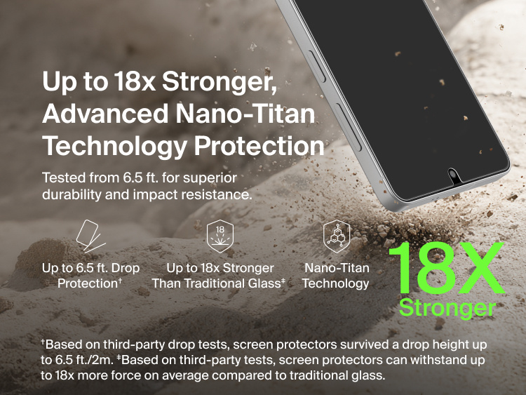 Belkin ScreenForce Titan SmartShield Privacy Filter Screen Protector for Samsung Galaxy S26 showcasing Nano-Titan technology with up to 18x stronger protection than traditional glass and drop protection tested up to 6.5 ft for enhanced durability.