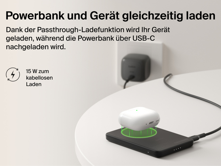 Belkin BoostCharge Slim Magnetic Power Bank 5K with Qi2 shown compatible with iPhone, AirPods, smartwatches, Android devices, and magnetic accessories for versatile travel-ready charging.