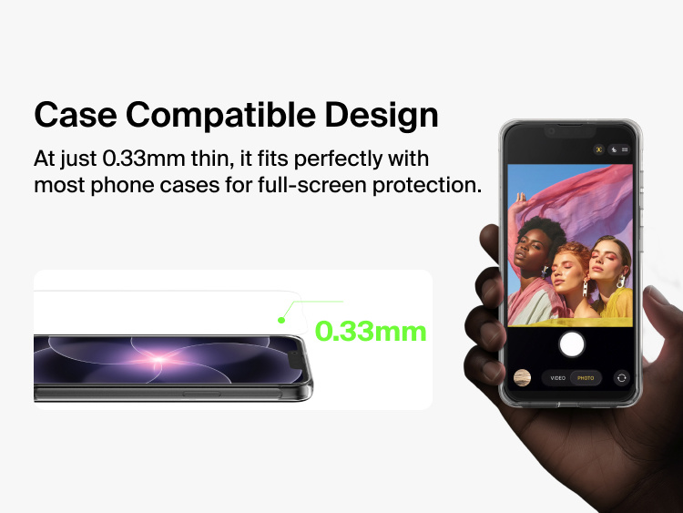 Belkin ScreenForce TemperedGlass screen protector for iPhone 17e featuring ultra-thin 0.33mm case-compatible design with full-screen coverage shown on a handheld device