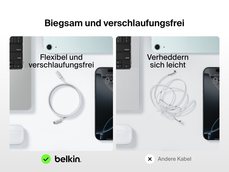 Ein Belkin BoostCharge USB C auf USB C Kabel (60 W) wird zum Vergleich neben einem Standardkabel gezeigt. Es verheddert sich nicht so leicht und ist weich und flexibel.