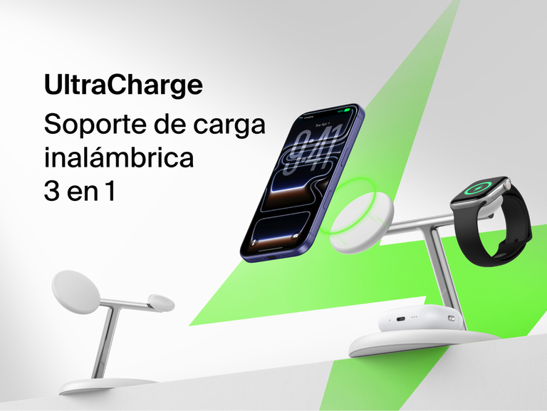 Belkin UltraCharge 3-in-1 Wireless Charging Stand with Qi2 25W front view showing dedicated magnetic phone pad, watch charger, and earbuds base