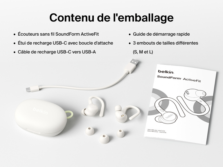 Belkin SoundForm ActiveFit Wireless Earbuds with USB-C charging case, USB-C to USB-A cable, quick start guide, and three ear tip sizes included in the box.