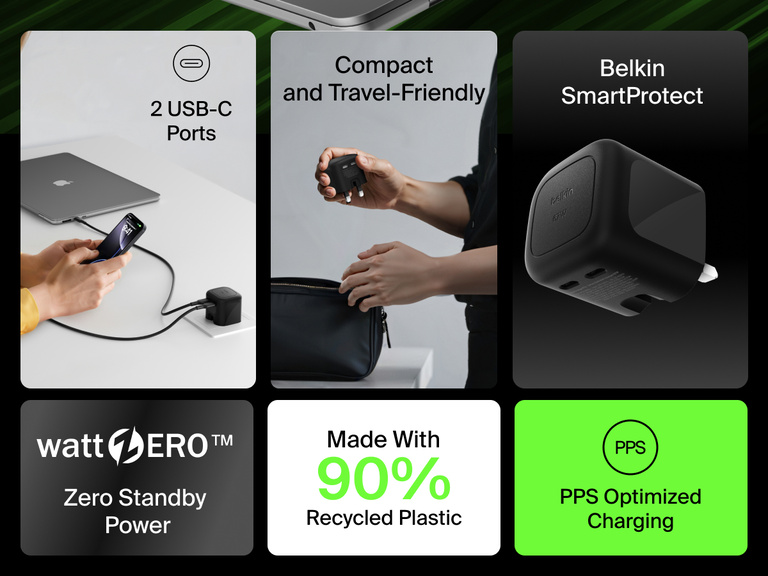 Belkin BoostCharge Pro Dual USB-C GaN Wall Charger 67W shown highlighting dual ports, PPS fast charging, SmartProtect safety, and eco-friendly design made with 90% recycled plastic