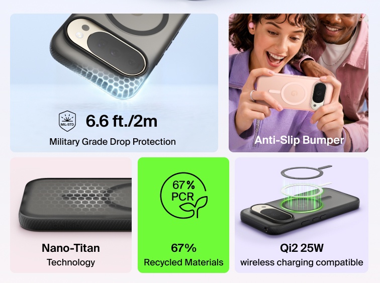 Belkin Grip Series Case for Google Pixel 11 highlighting 6.6-foot military-grade drop protection, Nano-Titan technology, anti-slip bumper, 67% recycled materials, and Qi2 25W wireless charging compatibility.