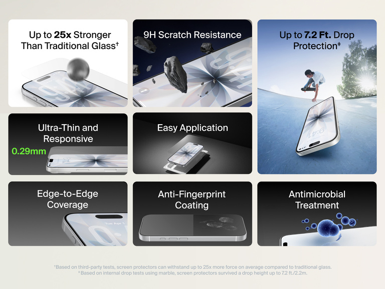 Belkin ScreenForce UltraGlass 2 Screen Protector with 25x stronger glass, 9H scratch resistance, 7.2 ft drop protection, ultra-thin 0.29mm design, edge-to-edge coverage, anti-fingerprint, antimicrobial treatment, and easy application.