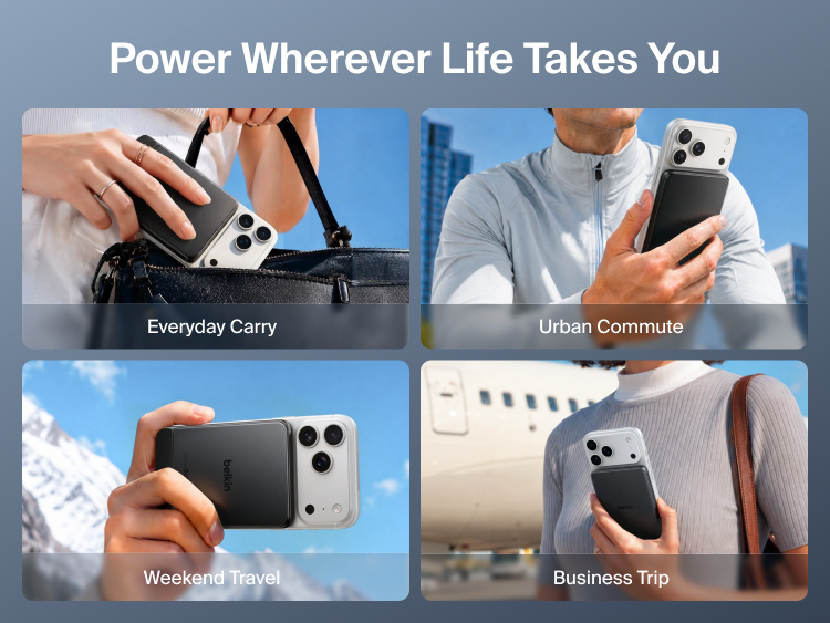 Belkin UltraCharge Pro Slim Magnetic Power Bank 5K with BoostSolid Cell shown for everyday carry, urban commuting, weekend travel and business trips.