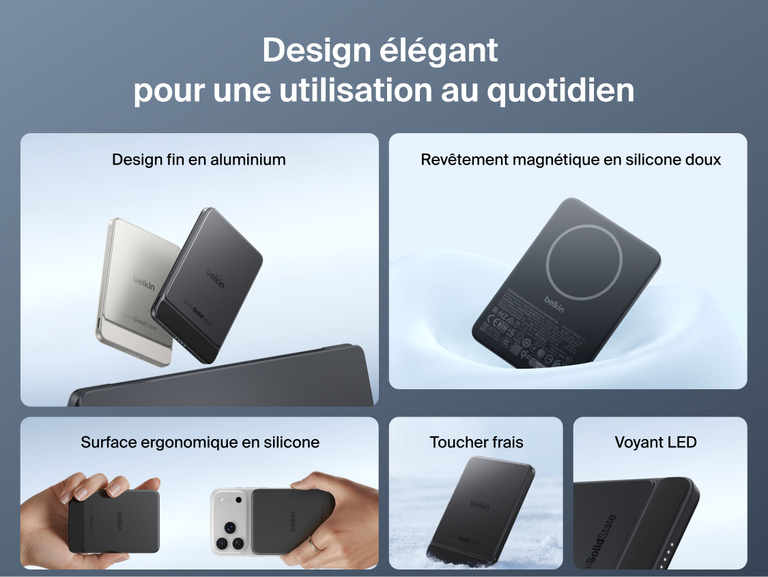 Image de la batterie externe magn&eacute;tique Belkin&nbsp;UltraCharge&nbsp;Pro&nbsp;Slim&nbsp;5K avec BoostSolid&nbsp;Cell dot&eacute;e d'un rev&ecirc;tement en aluminium, d'un socle de recharge ergonomique en silicone, d'un voyant LED, d'une conception anti-surchauffe et d'une surface magn&eacute;tique agr&eacute;able au toucher.
