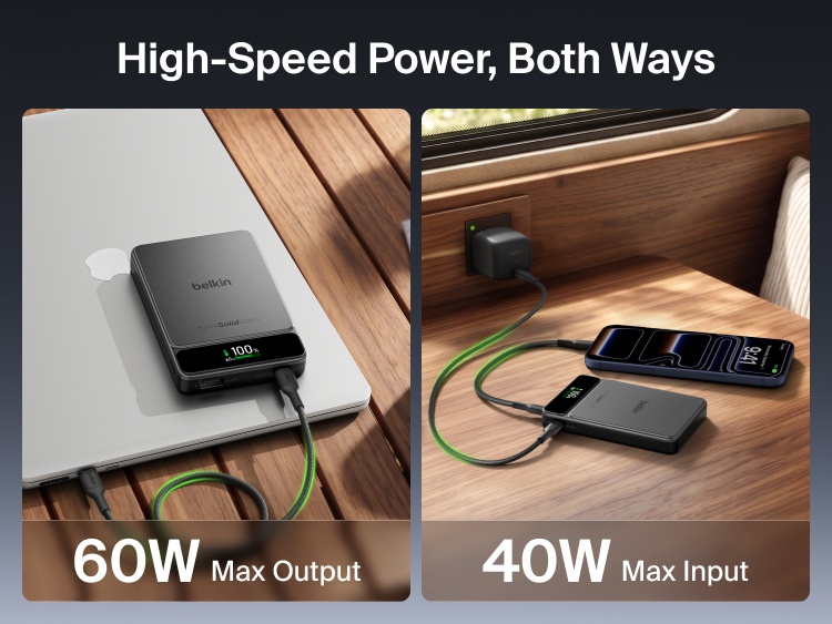 Belkin UltraCharge Pro Power Bank 10K with BoostSolid Cell delivers up to 60W output for charging a laptop and supports up to 40W input for fast recharging.